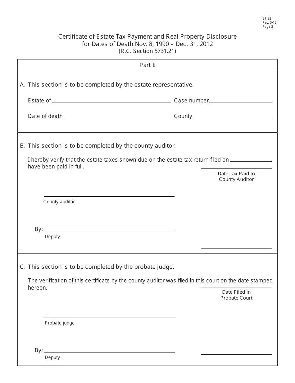Form ET22 Certificate of Estate Tax Payment and Real Property Disclosure for Dates of Death on or After Nov. 8, 1990 - Ohio, Page 3