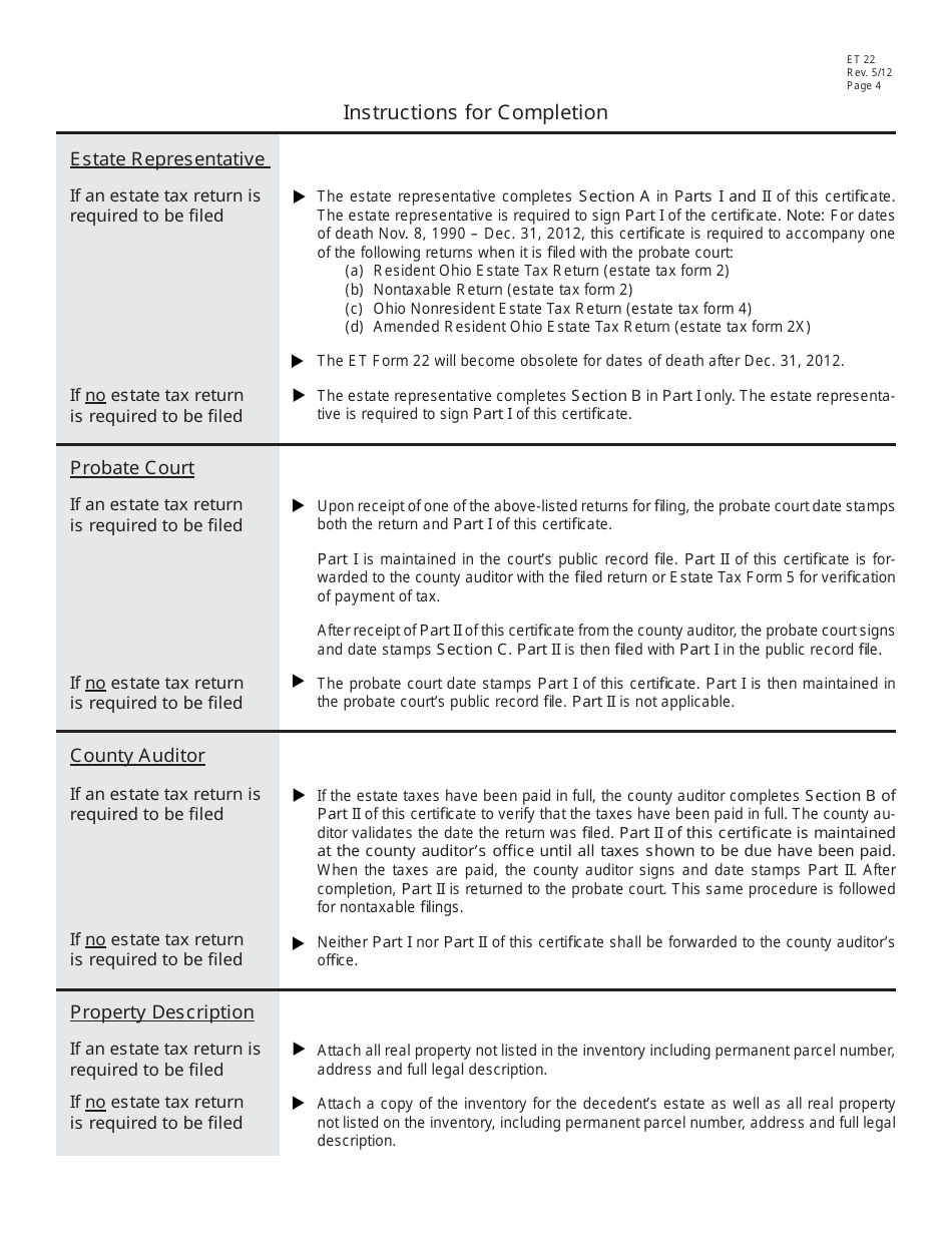 Form ET22 Certificate of Estate Tax Payment and Real Property Disclosure for Dates of Death on or After Nov. 8, 1990 - Ohio, Page 4