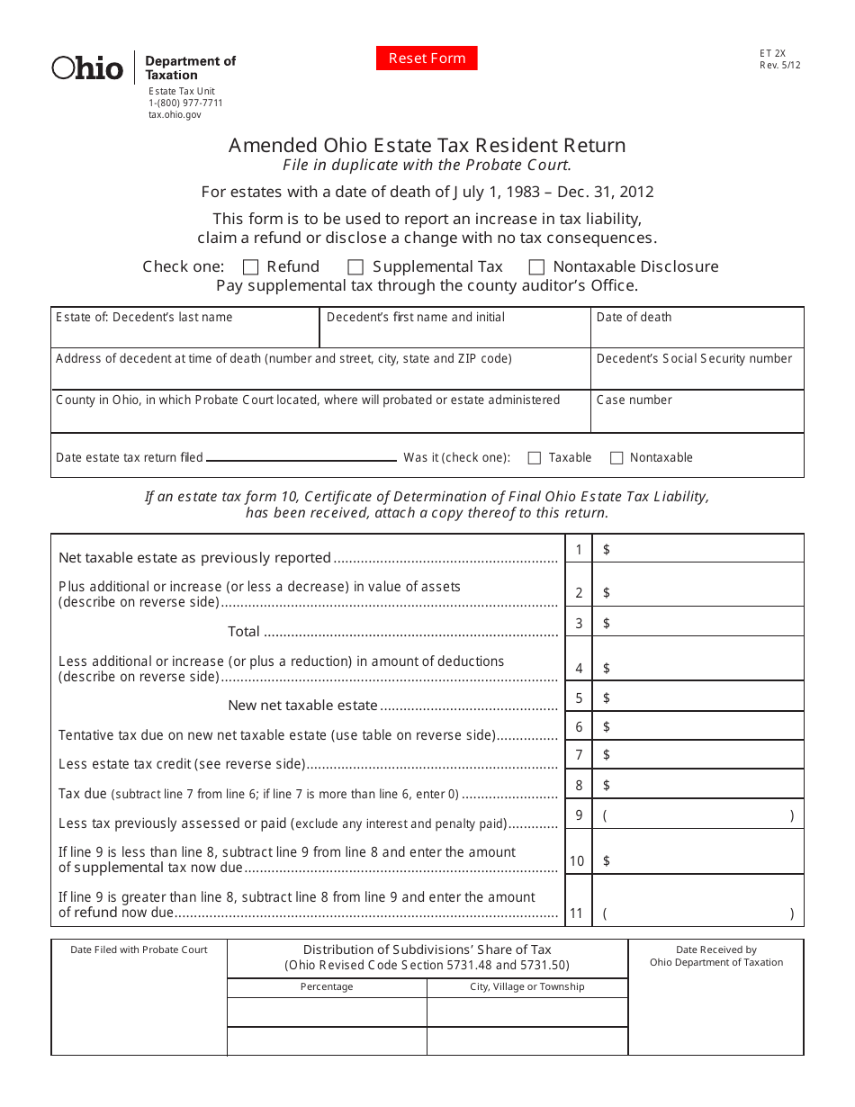 Form ET2X Amended Ohio Estate Tax Resident Return - Ohio, Page 1