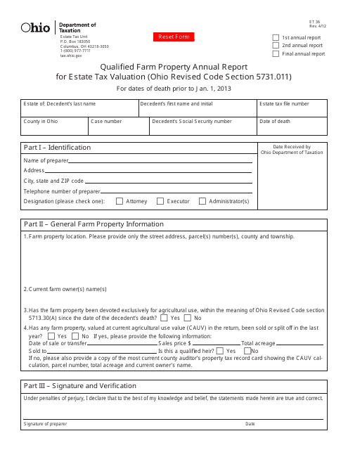 Form ET36 Qualified Farm Property Annual Report for Estate Tax Valuation - Ohio