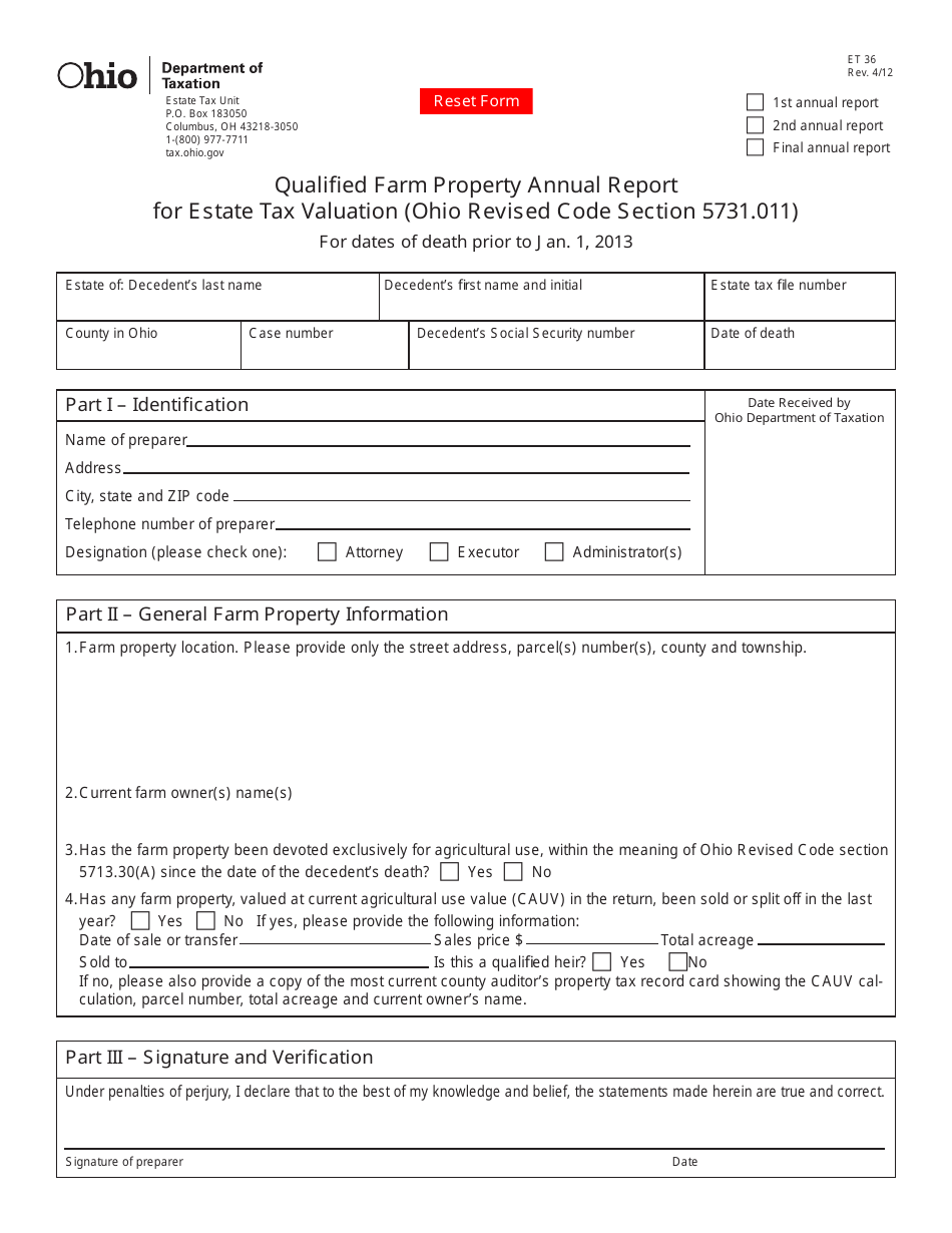 Form ET36 Qualified Farm Property Annual Report for Estate Tax Valuation - Ohio, Page 1