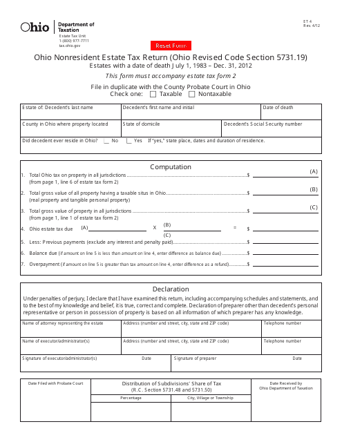 Form ET4 Download Fillable PDF Or Fill Online Ohio Nonresident Estate 