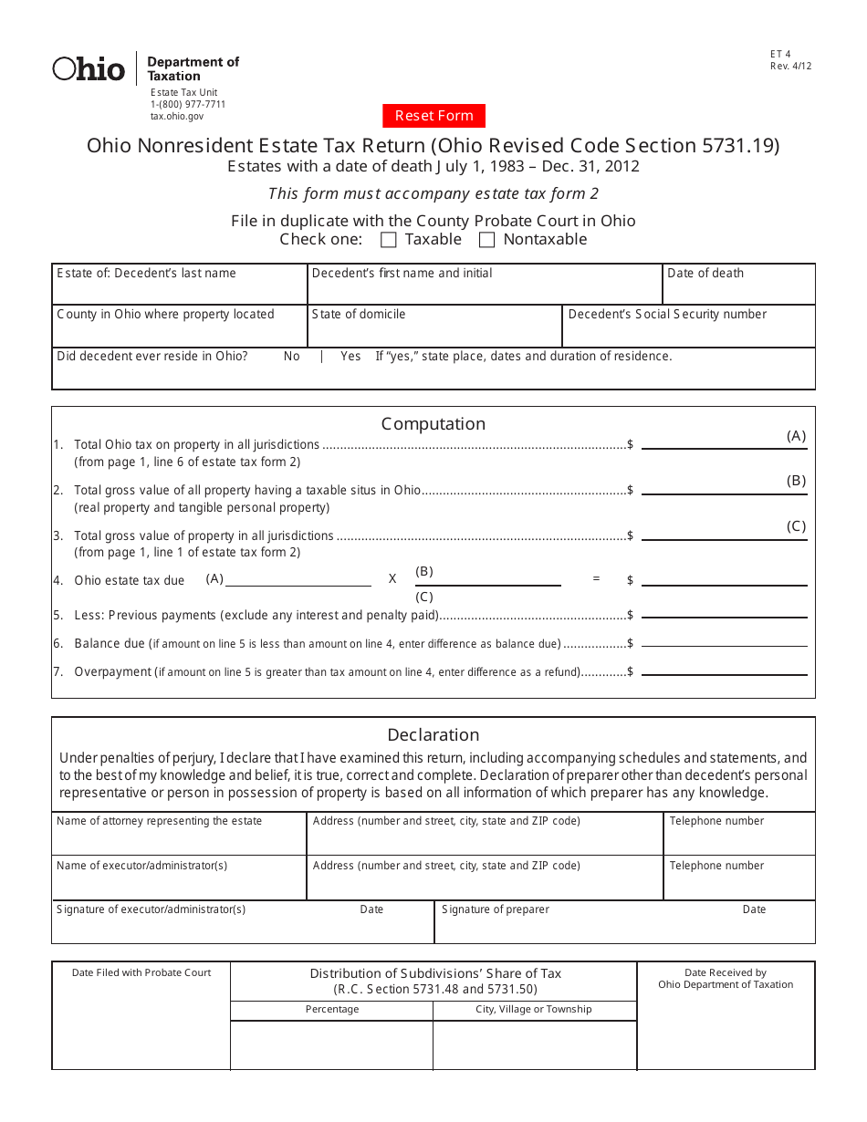 Form ET4 Ohio Nonresident Estate Tax Return - Estates With a Date of Death July 1, 1983 - Dec. 31, 2012 - Ohio, Page 1