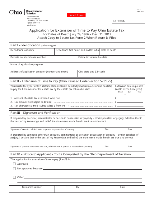Form ET41 Application for Extension of Time to Pay Ohio Estate Tax - Ohio