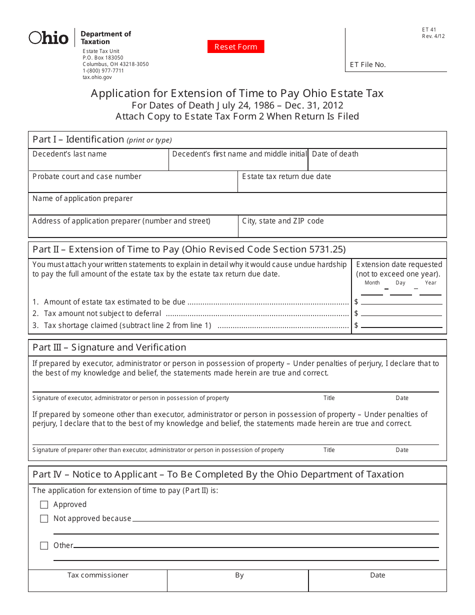 Form ET41 Application for Extension of Time to Pay Ohio Estate Tax - Ohio, Page 1