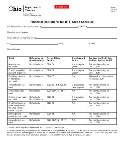 Form FIT CS Financial Institutions Tax (Fit) Credit Schedule - Ohio
