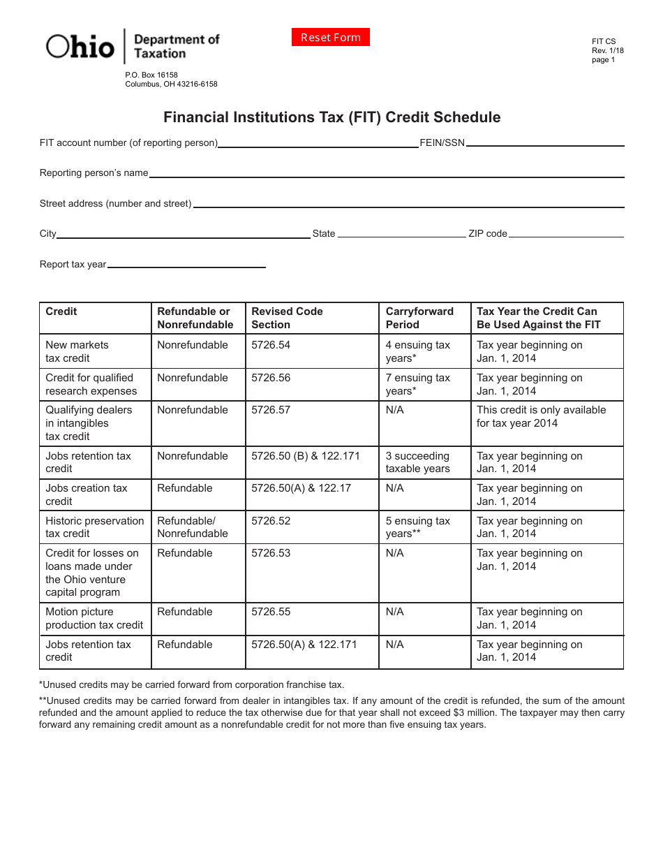 Form FIT CS Financial Institutions Tax (Fit) Credit Schedule - Ohio, Page 1