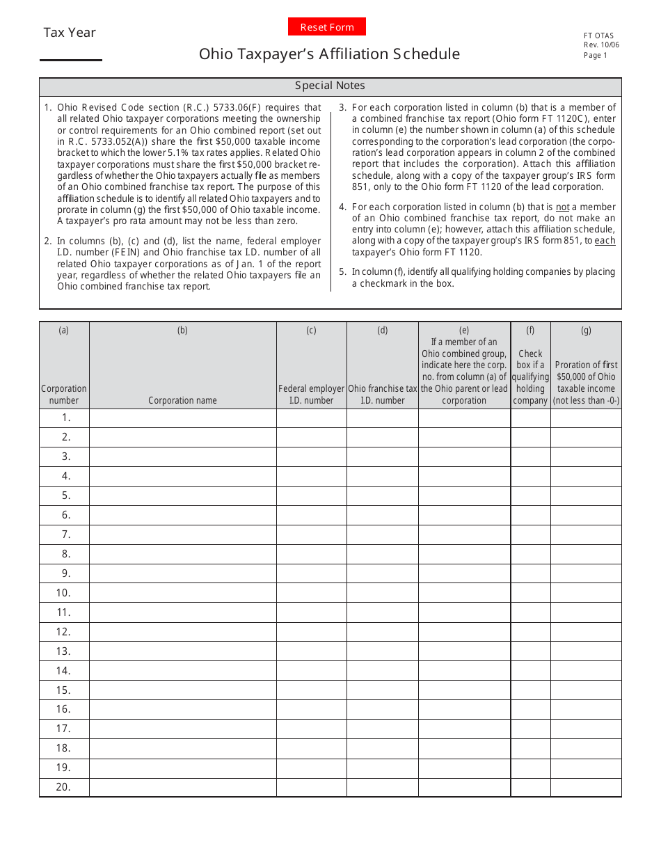 Form FT OTAS Ohio Taxpayers Affiliation Schedule - Ohio, Page 1