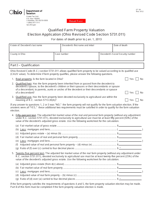 Form ET34 Qualified Farm Property Valuation Election Application - Ohio