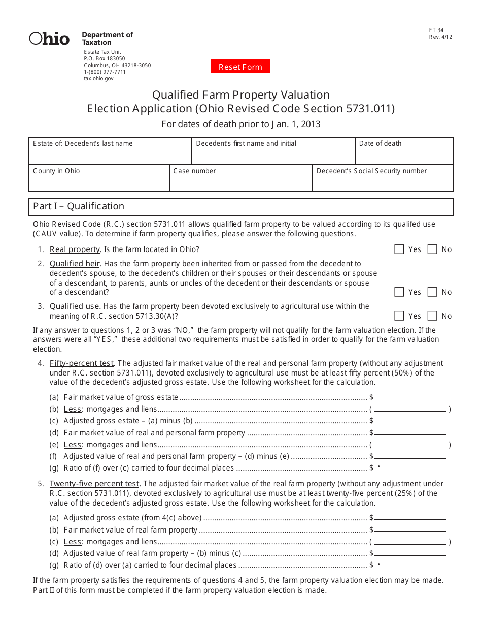 Form ET34 Qualified Farm Property Valuation Election Application - Ohio, Page 1