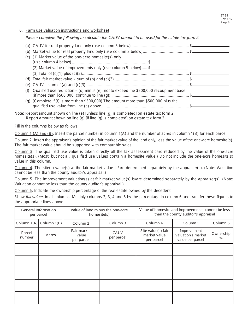 Form ET34 Qualified Farm Property Valuation Election Application - Ohio, Page 3