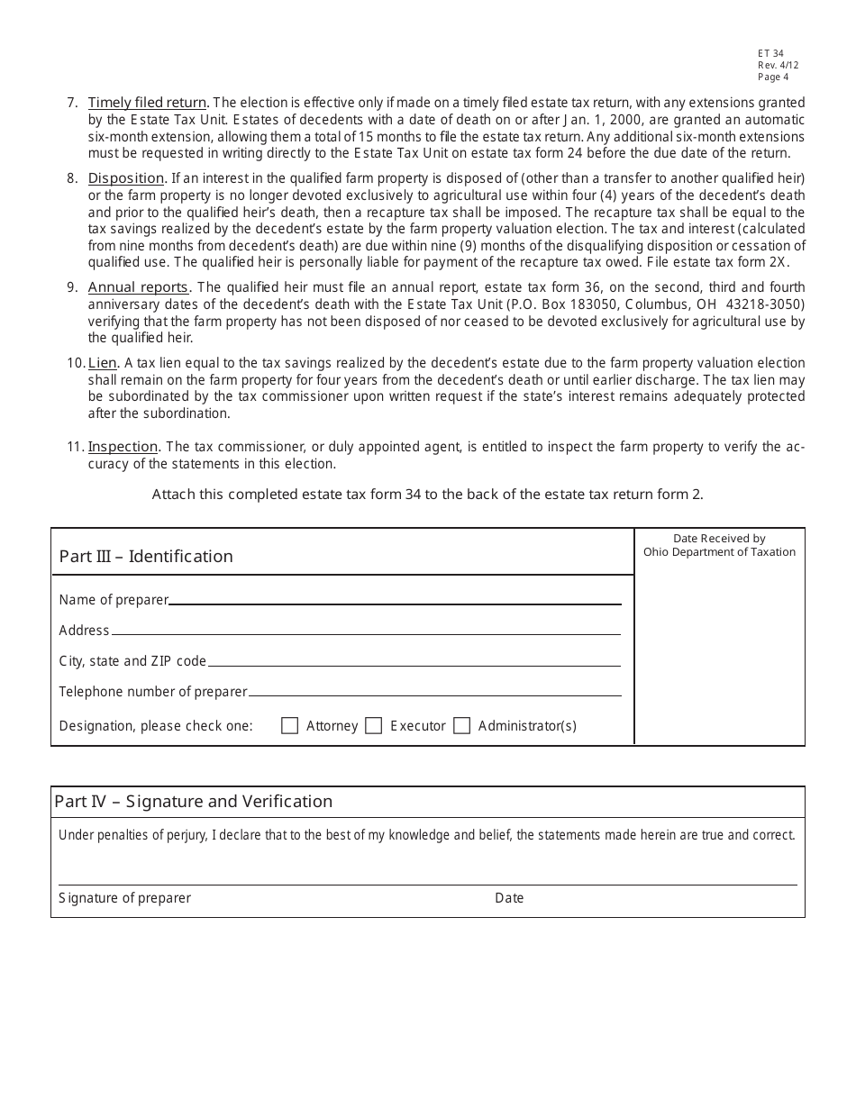 Form ET34 Qualified Farm Property Valuation Election Application - Ohio, Page 4