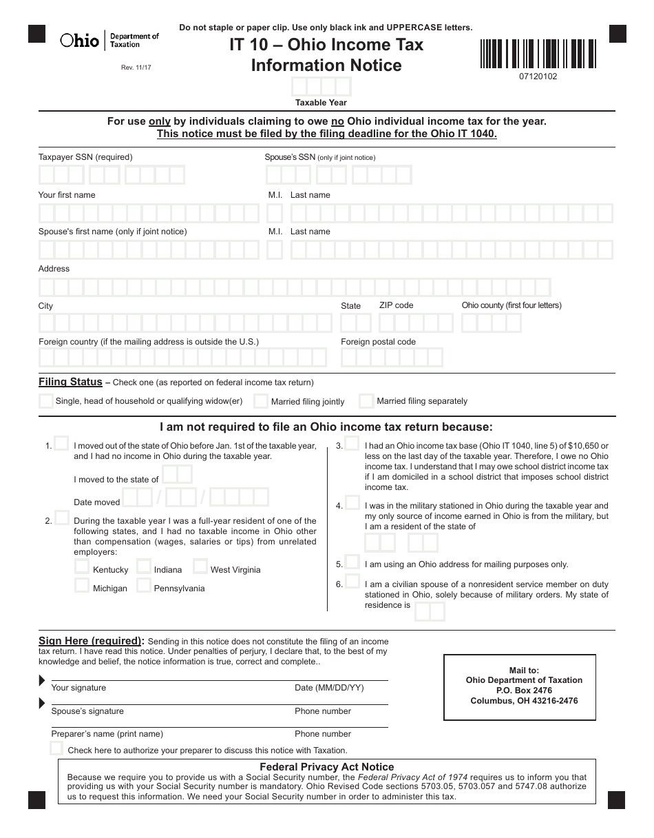 Form IT10 Ohio Income Tax Information Notice - Ohio, Page 1