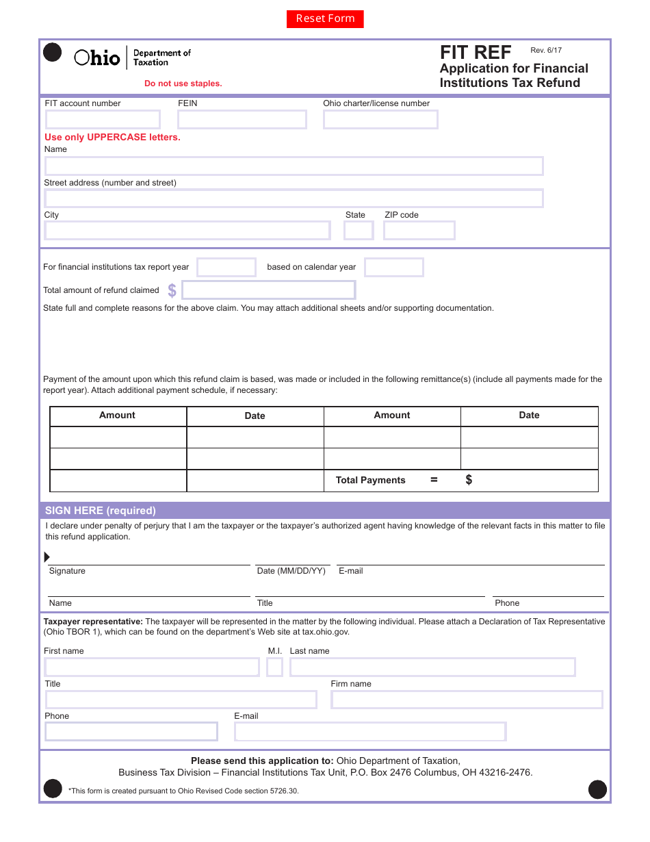 Form FIT REF Application for Financial Institutions Tax Refund - Ohio, Page 1