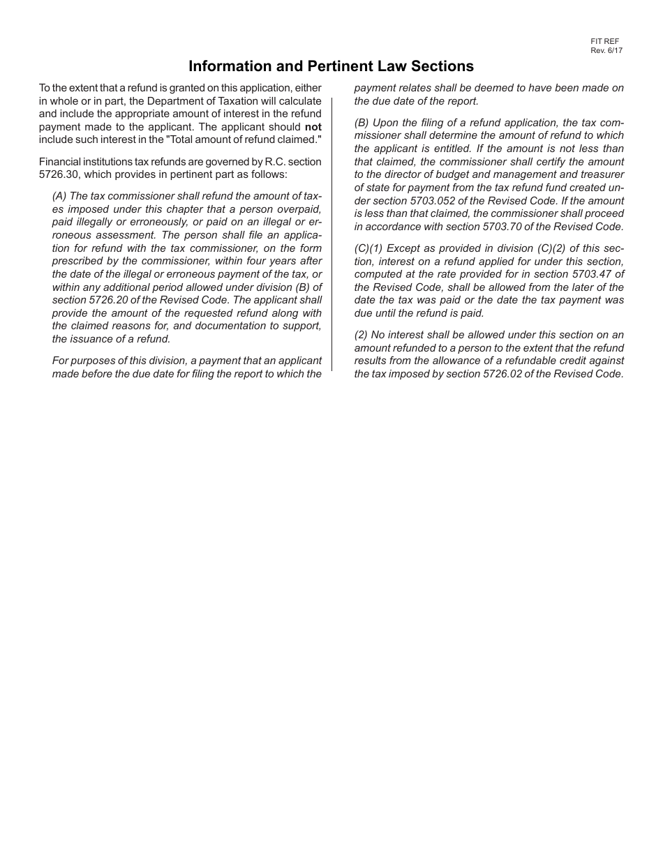 Form FIT REF Application for Financial Institutions Tax Refund - Ohio, Page 2