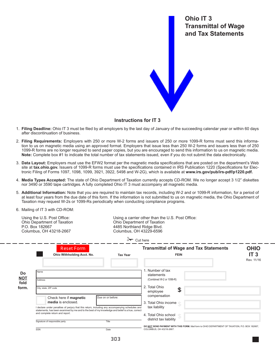 Form IT3 Transmittal of Wage and Tax Statements - Ohio, Page 1