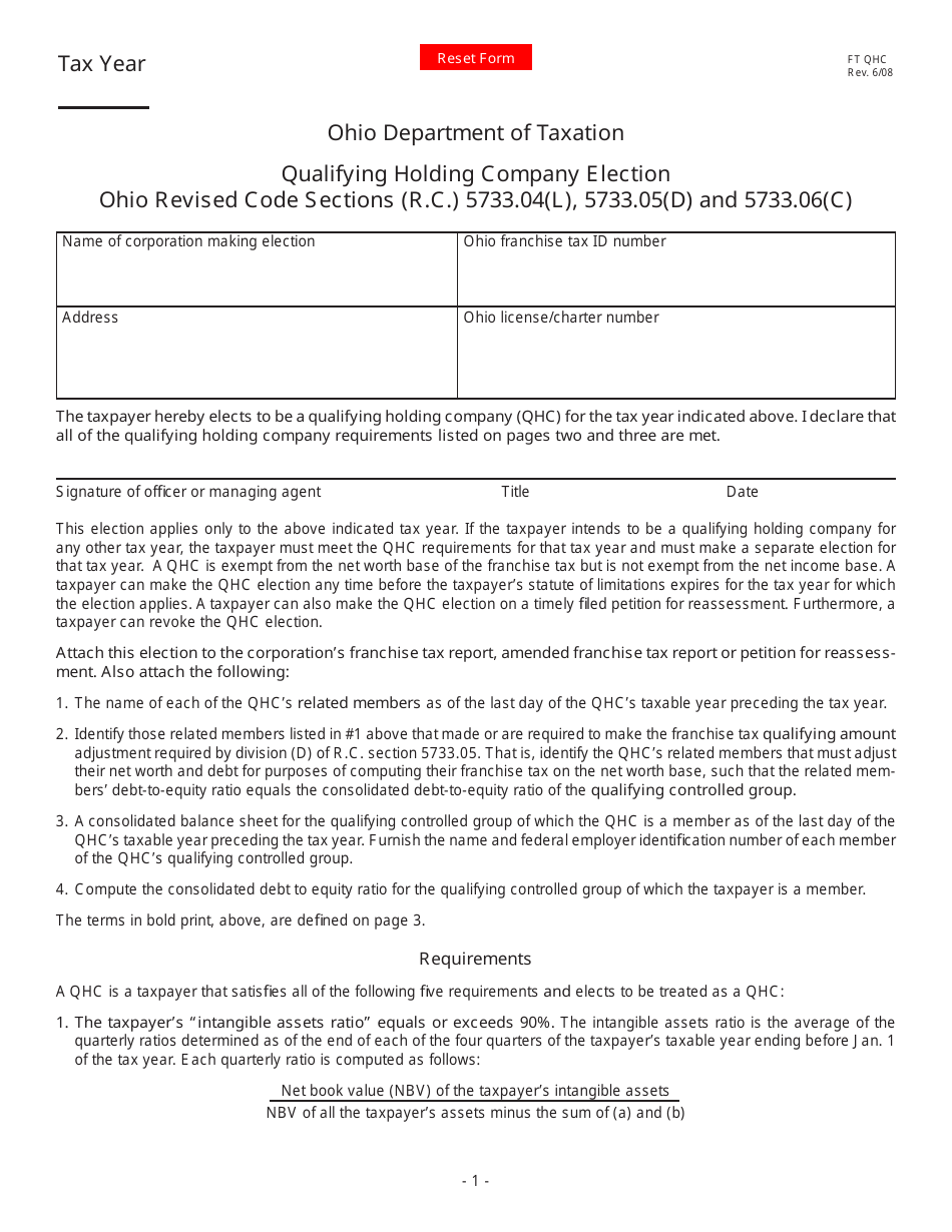 Form FT QHC Qualifying Holding Company Election - Ohio Revised Code Sections (R.c.) 5733.04(L), 5733.05(D) and 5733.06(C) - Ohio, Page 1