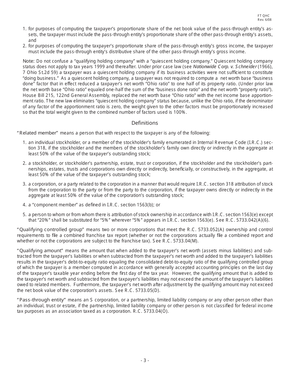 Form FT QHC Qualifying Holding Company Election - Ohio Revised Code Sections (R.c.) 5733.04(L), 5733.05(D) and 5733.06(C) - Ohio, Page 3