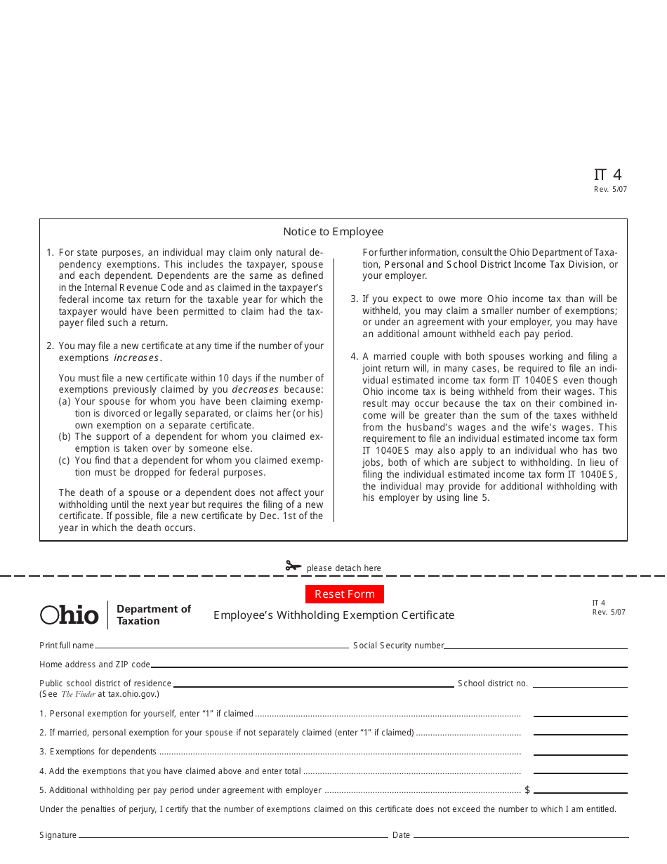 Form IT4 Employees Withholding Exemption Certificate - Ohio, Page 1
