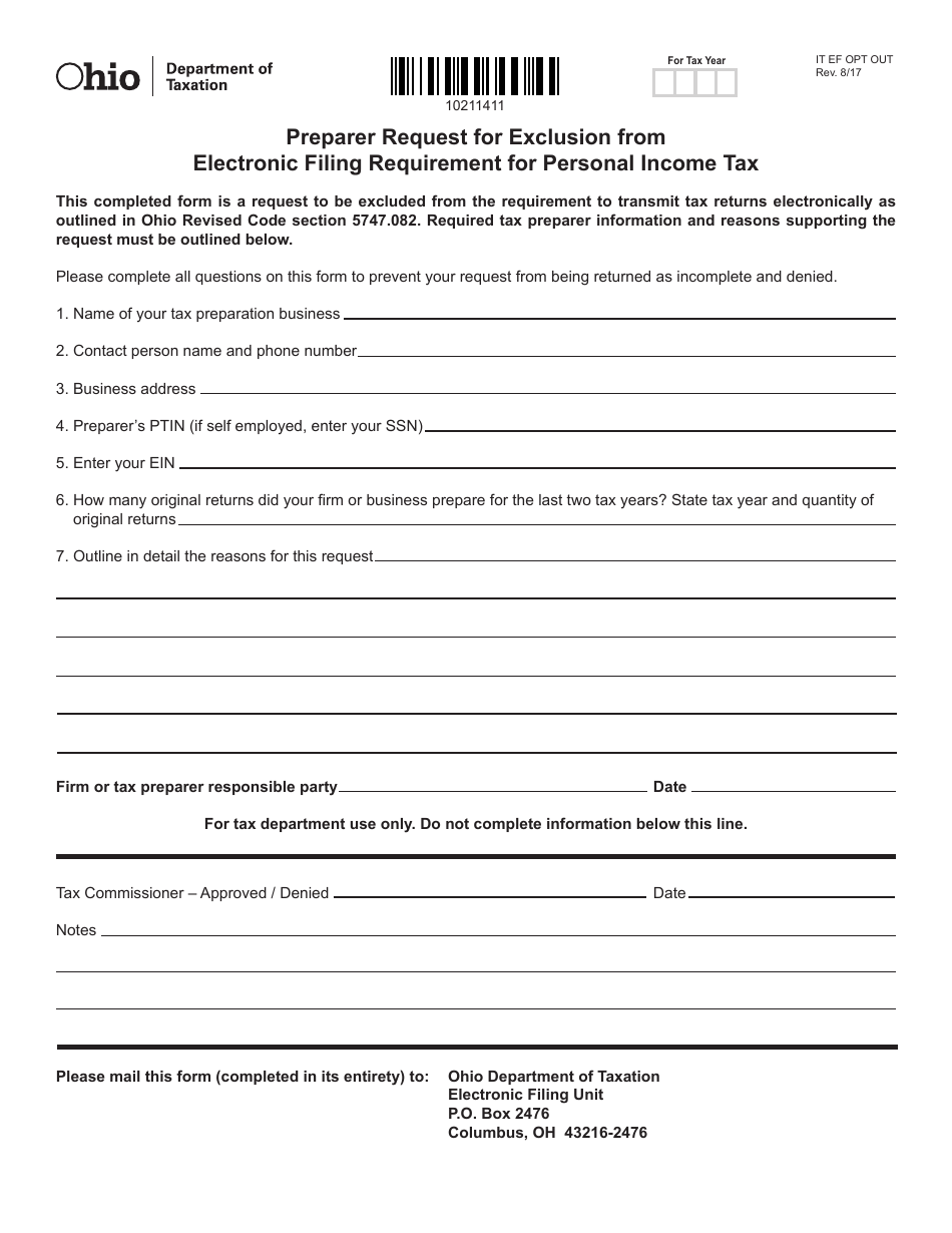 Form IT EF OPT OUT Download Printable PDF or Fill Online Preparer Request  for Exclusion From Electronic Filing Requirement for Personal Income Tax  Ohio | Templateroller
