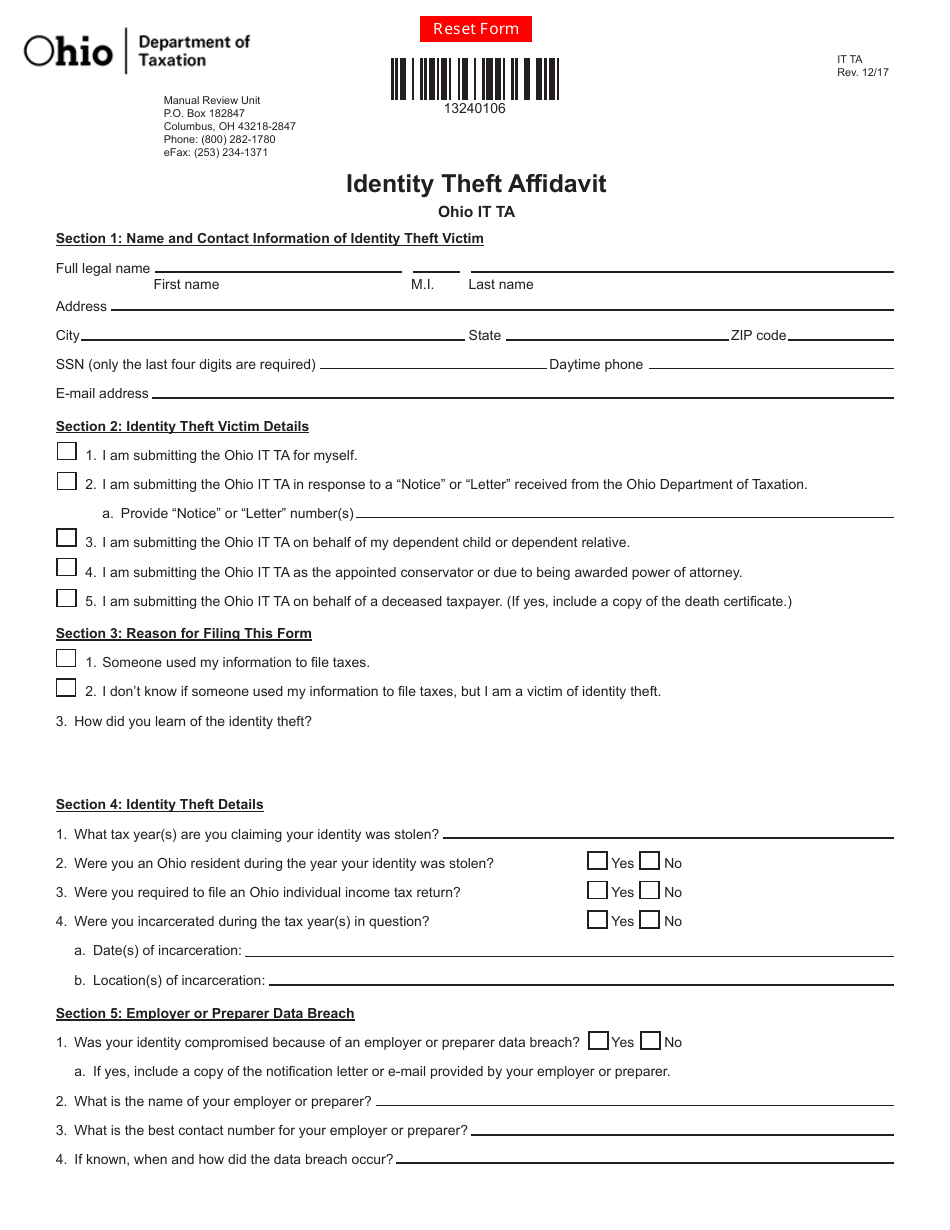 Form ITTA Identity Theft Affidavit - Ohio, Page 1