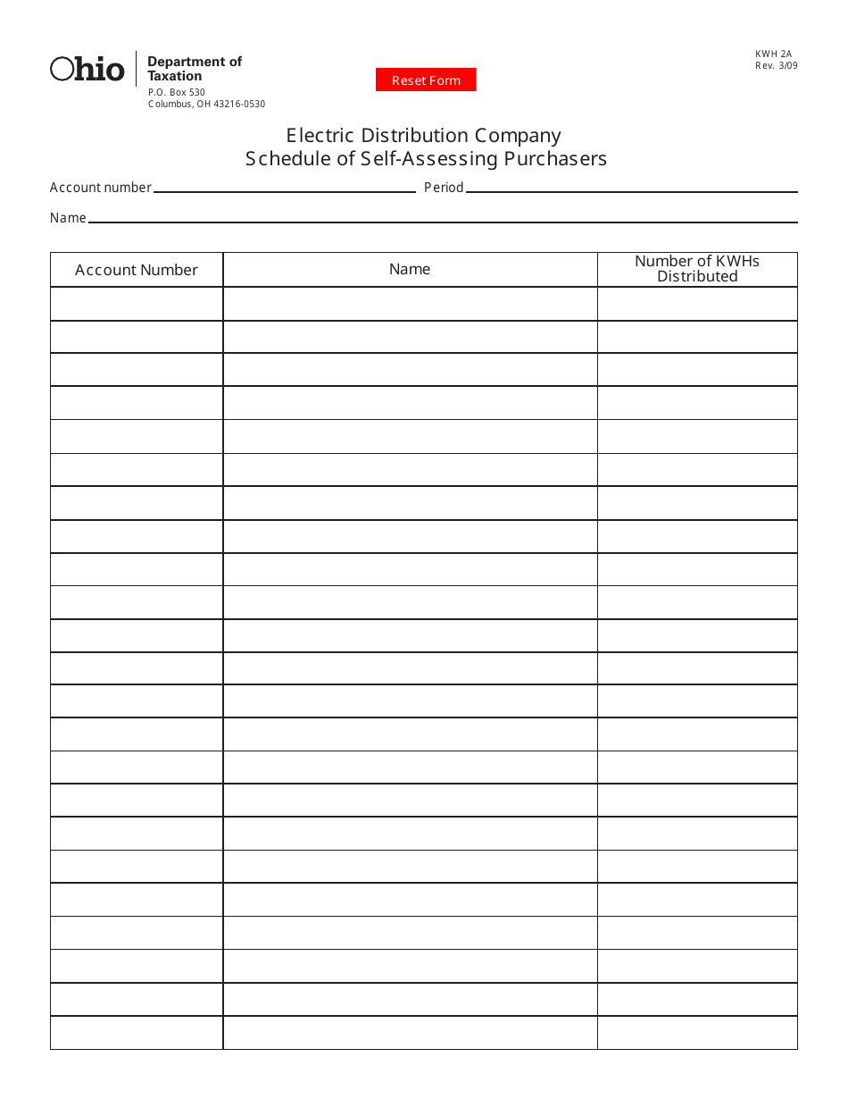 Form KWH2A Electric Distribution Company Schedule of Self-assessing Purchasers - Ohio, Page 1