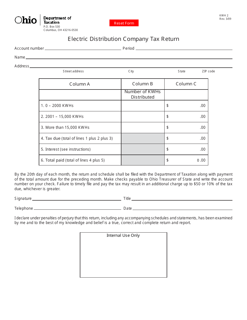 Form KWH2 Electric Distribution Company Tax Return - Ohio, Page 1