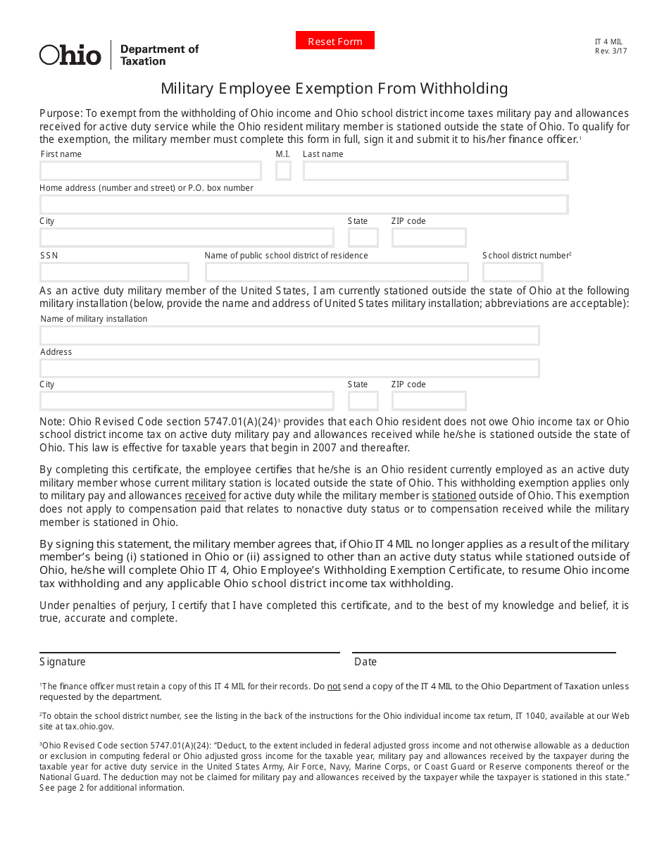 Form IT4 MIL Military Employee Exemption From Withholding - Ohio, Page 1