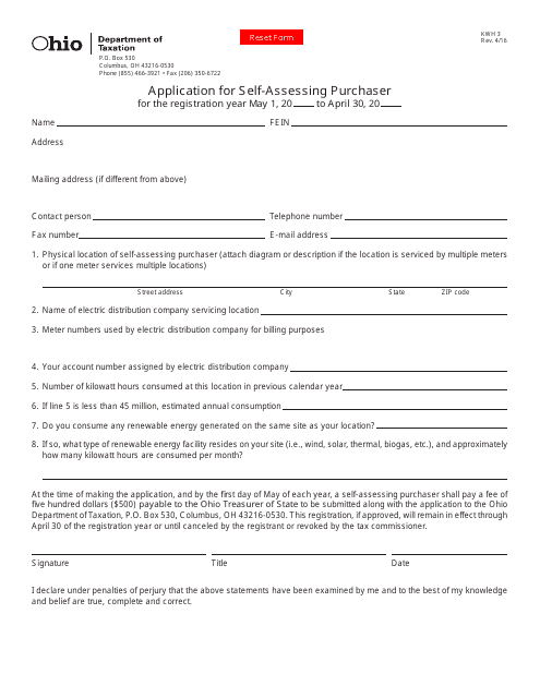 Form KWH3 Application for Self-assessing Purchaser - Ohio