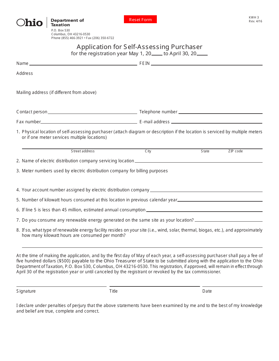 Form KWH3 Application for Self-assessing Purchaser - Ohio, Page 1