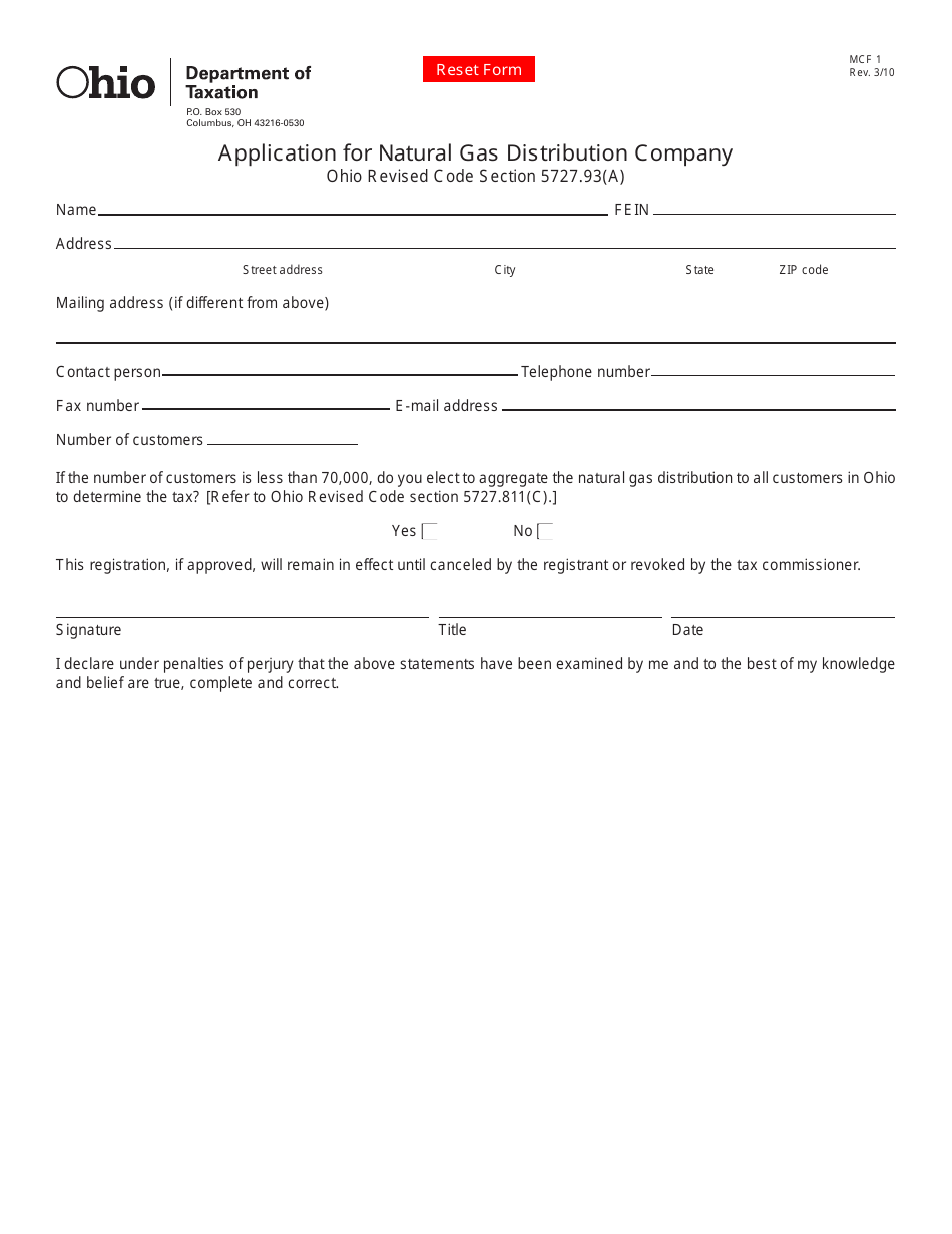 Form MCF1 Application for Natural Gas Distribution Company - Ohio, Page 1