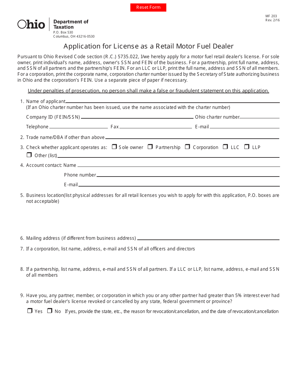 Form MF203 Application for License as a Retail Motor Fuel Dealer - Ohio, Page 1