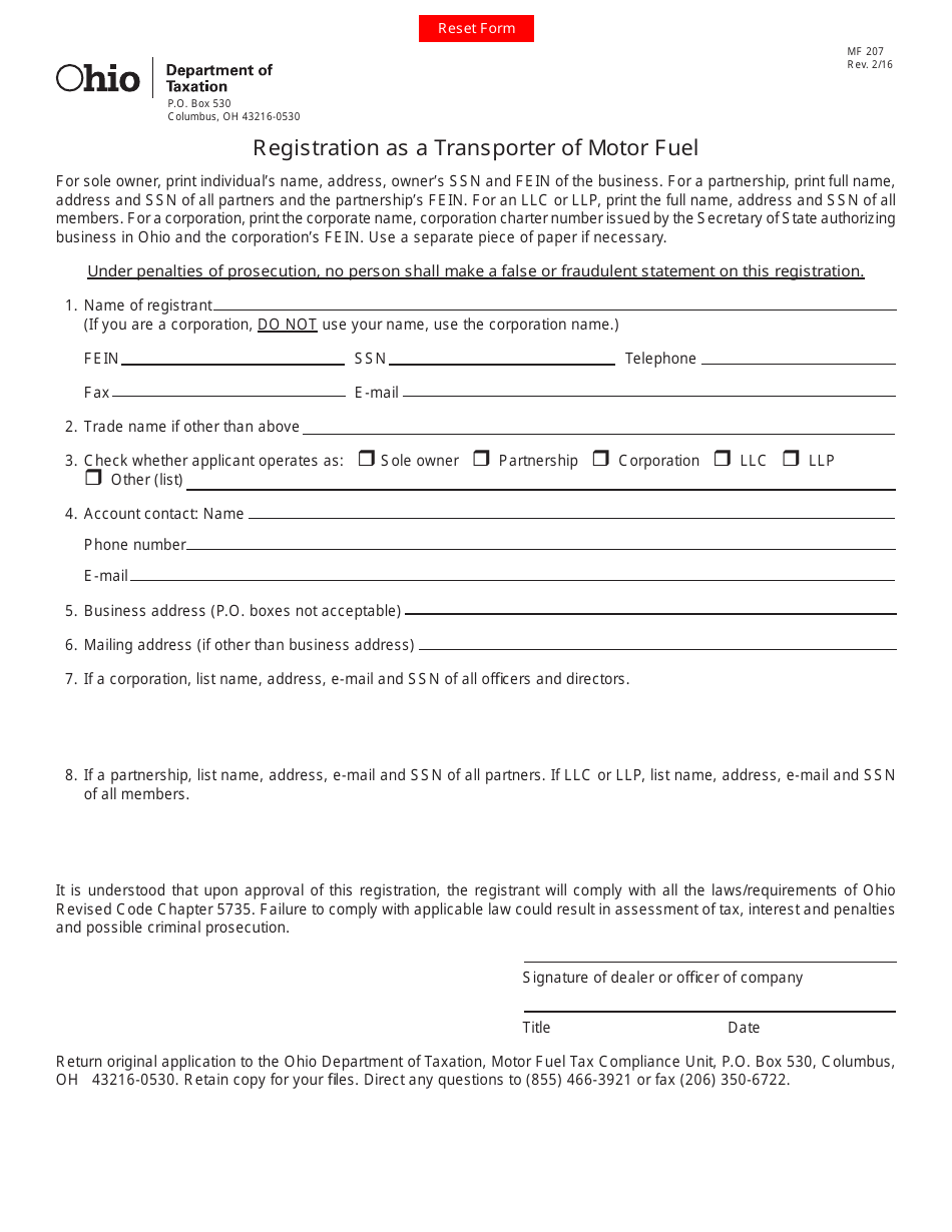 Form MF207 Registration as a Transporter of Motor Fuel - Ohio, Page 1