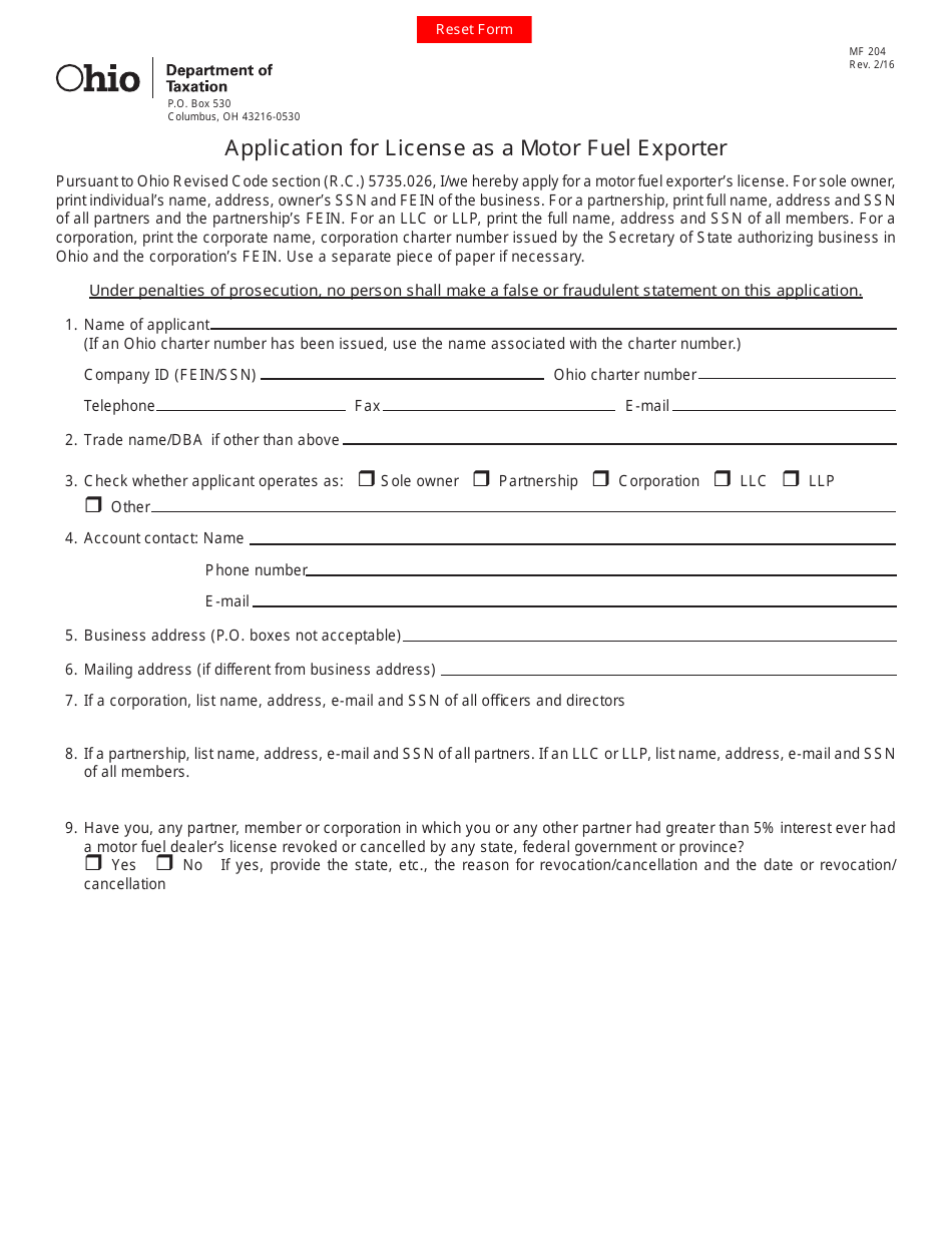 Form MF204 Application for License as a Motor Fuel Exporter - Ohio, Page 1