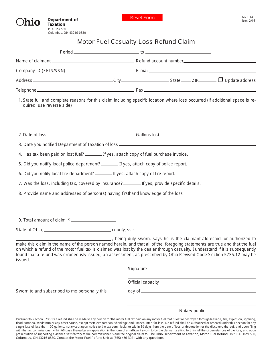 Form MVF14 Motor Fuel Casualty Loss Refund Claim - Ohio, Page 1