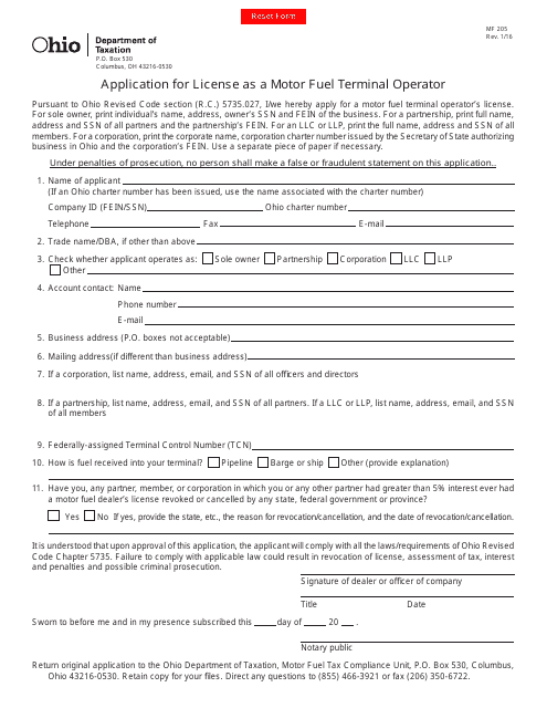 Form MF205 Application for License as a Motor Fuel Terminal Operator - Ohio