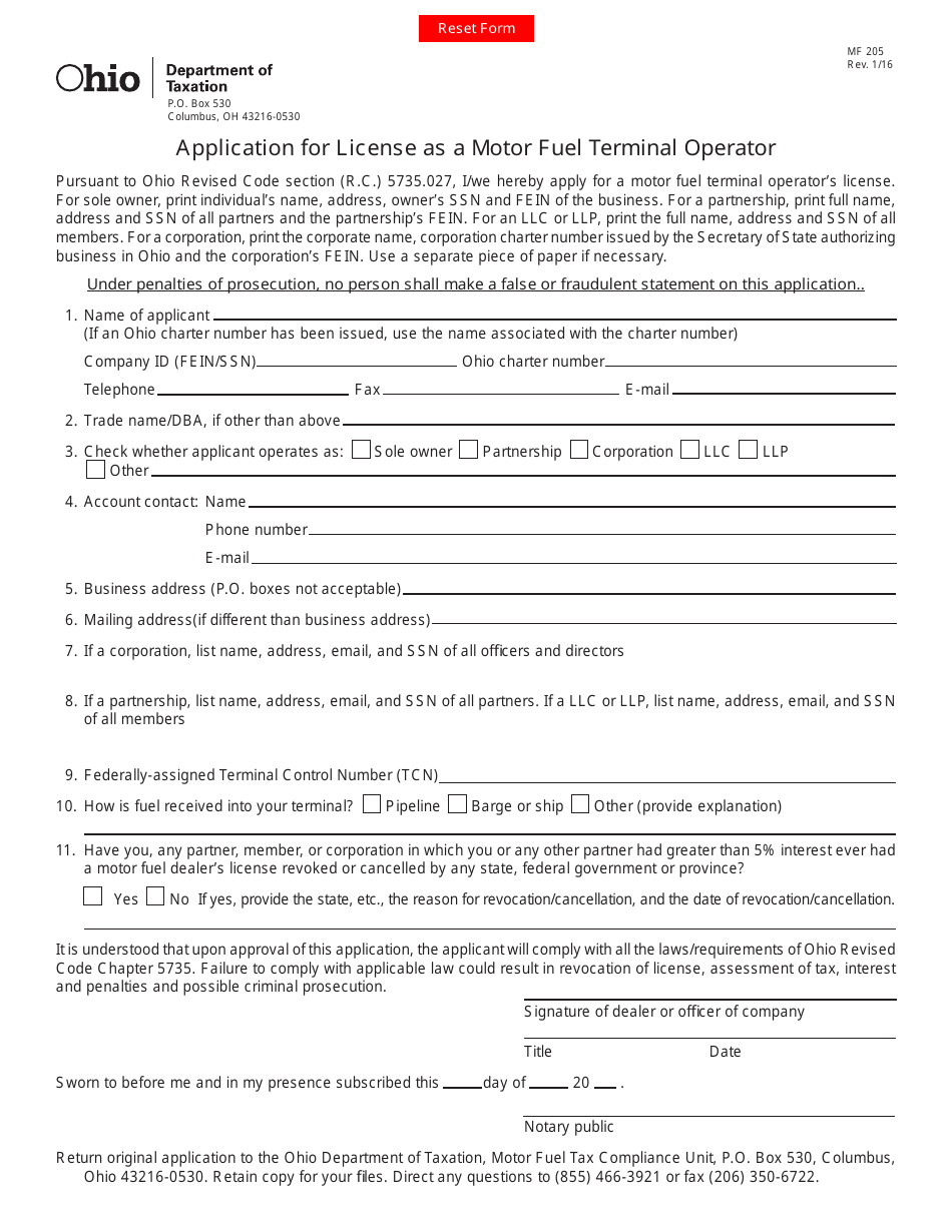 Form MF205 Application for License as a Motor Fuel Terminal Operator - Ohio, Page 1