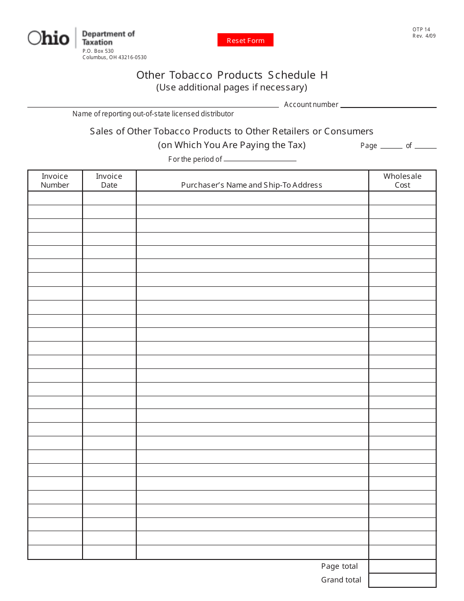 Form OTP14 Other Tobacco Products Schedule H - Sales of Other Tobacco Products to Other Retailers or Consumers (On Which You Are Paying the Tax) - Ohio, Page 1