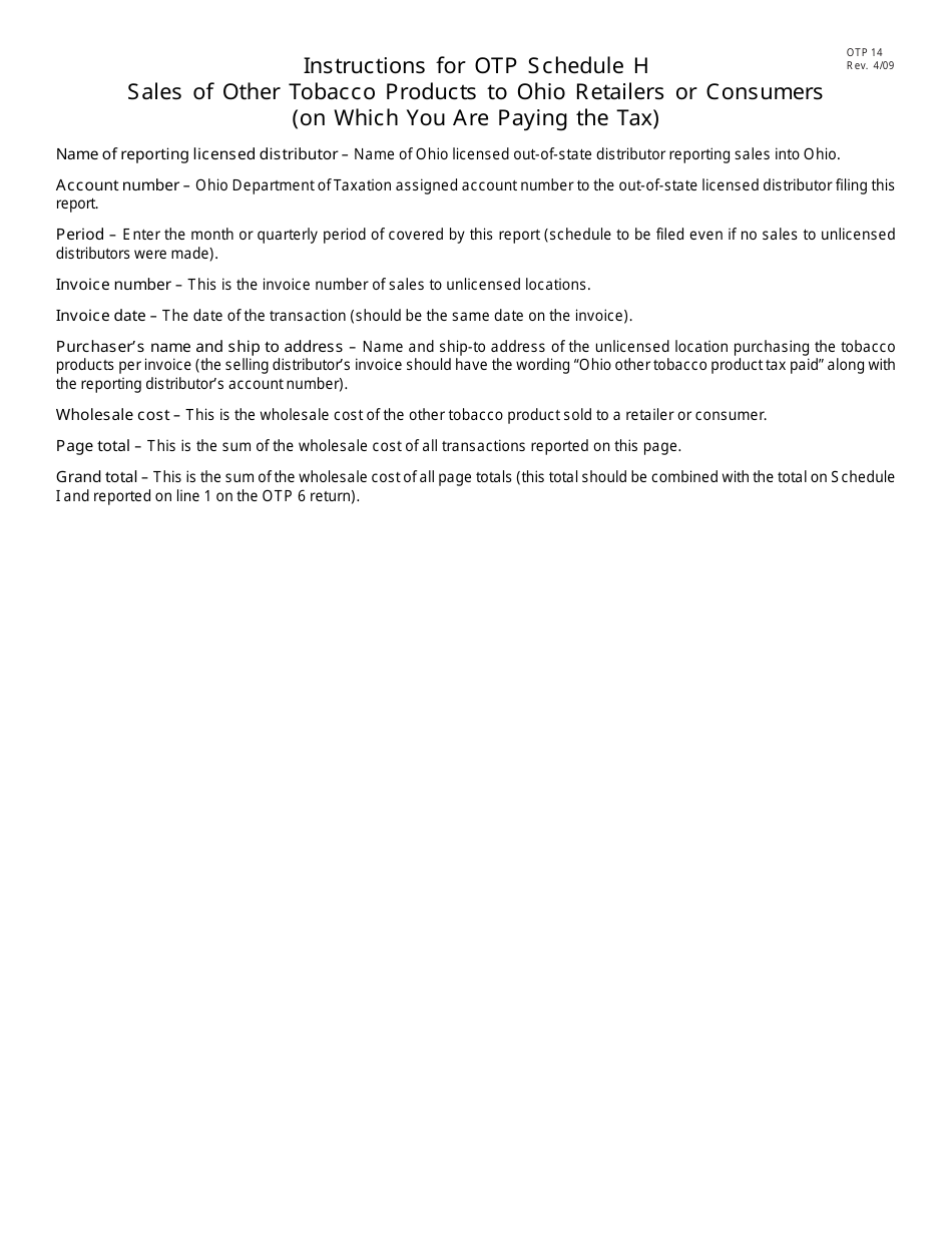 Form OTP14 Other Tobacco Products Schedule H - Sales of Other Tobacco Products to Other Retailers or Consumers (On Which You Are Paying the Tax) - Ohio, Page 2