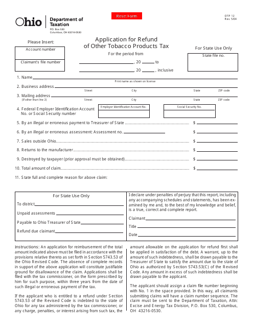 Form OTP12 Application for Refund of Other Tobacco Products Tax - Ohio