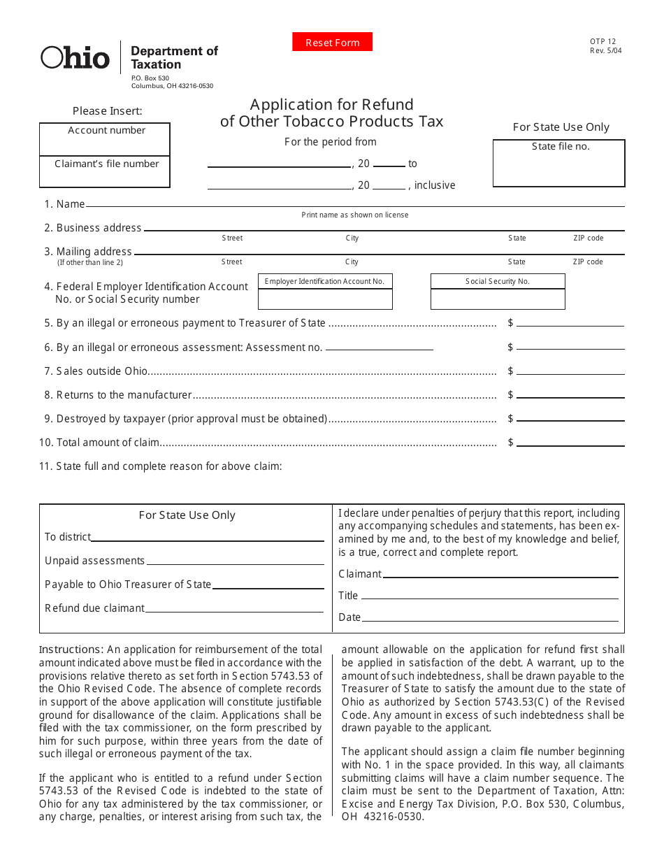 Form OTP12 Application for Refund of Other Tobacco Products Tax - Ohio, Page 1