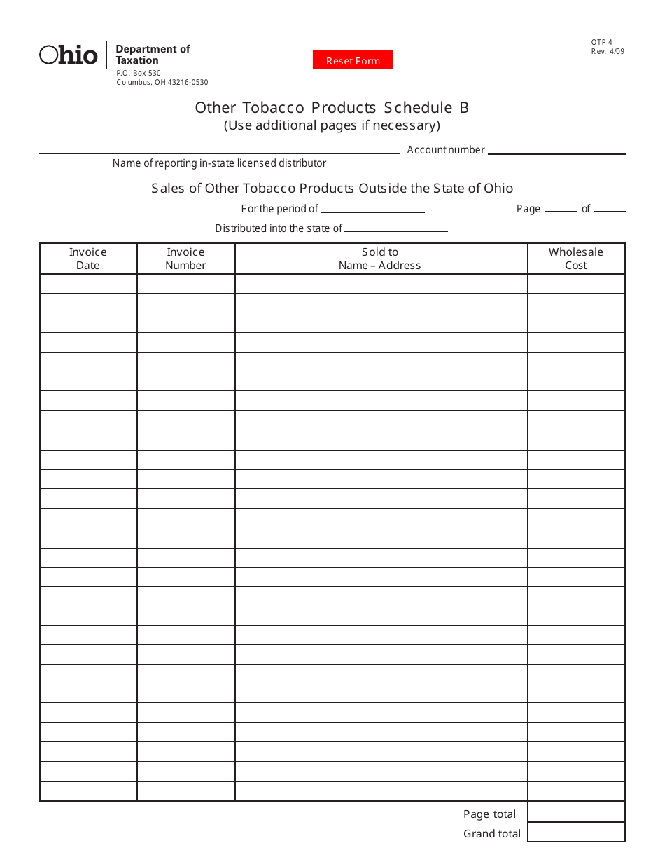 Form OTP-4 Other Tobacco Products Schedule B - Sales of Other Tobacco Products Outside the State of Ohio - Ohio, Page 1