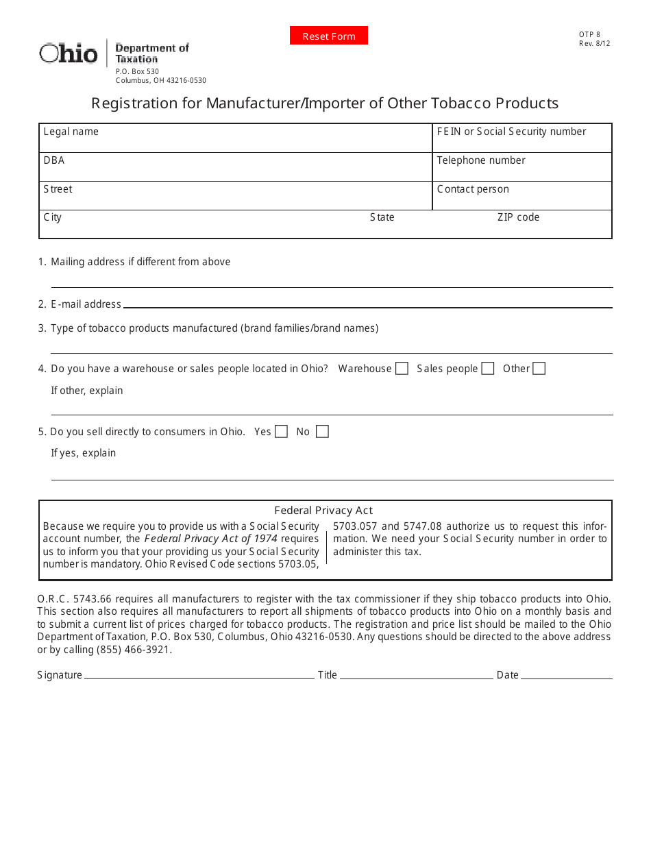 Form OTP-8 Registration for Manufacturer / Importer of Other Tobacco Products - Ohio, Page 1