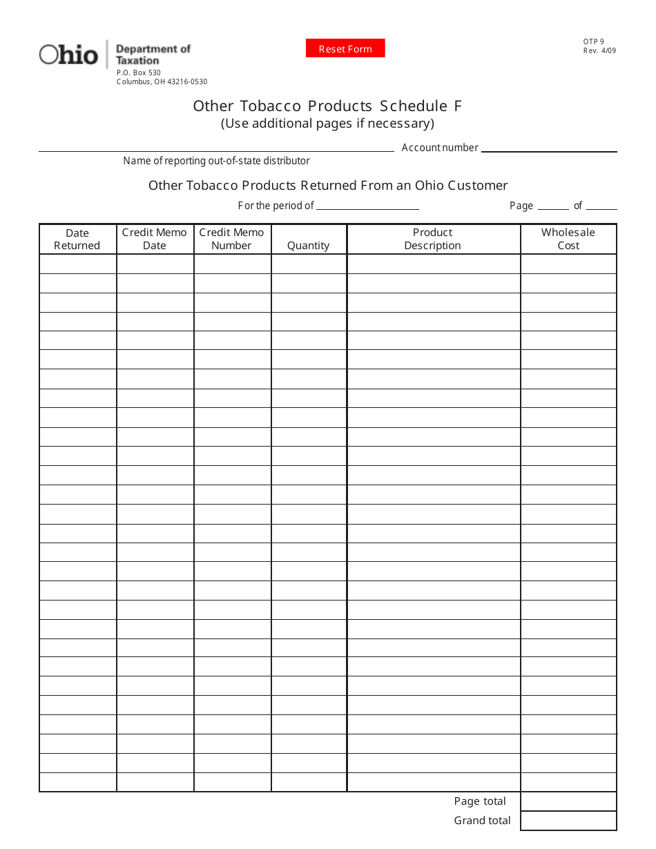 Form OTP9 Other Tobacco Products Schedule F - Other Tobacco Products Returned From an Ohio Customer - Ohio, Page 1