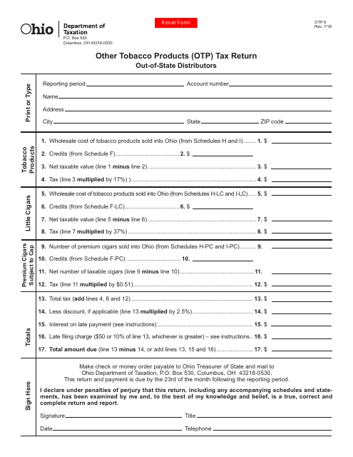 Form OTP-6 Other Tobacco Products (Otp) Tax Return - Ohio