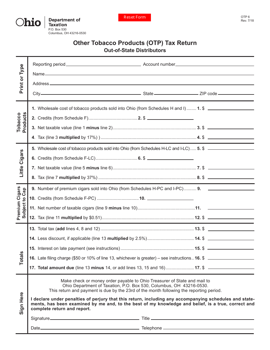 Form OTP-6 Other Tobacco Products (Otp) Tax Return - Ohio, Page 1