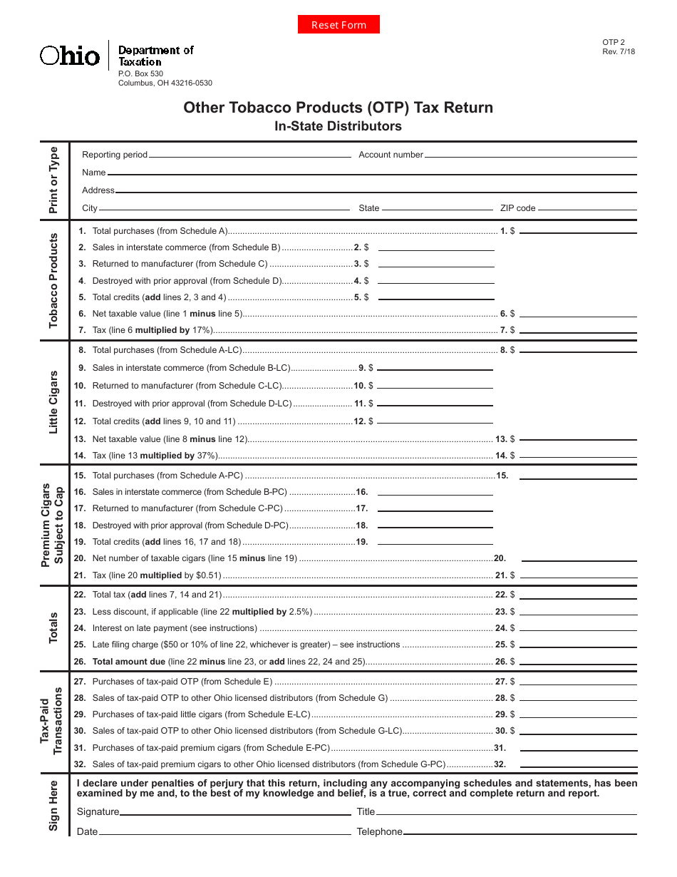 Form OTP2 Other Tobacco Products (Otp) Tax Return - in-State Distributors - Ohio, Page 1