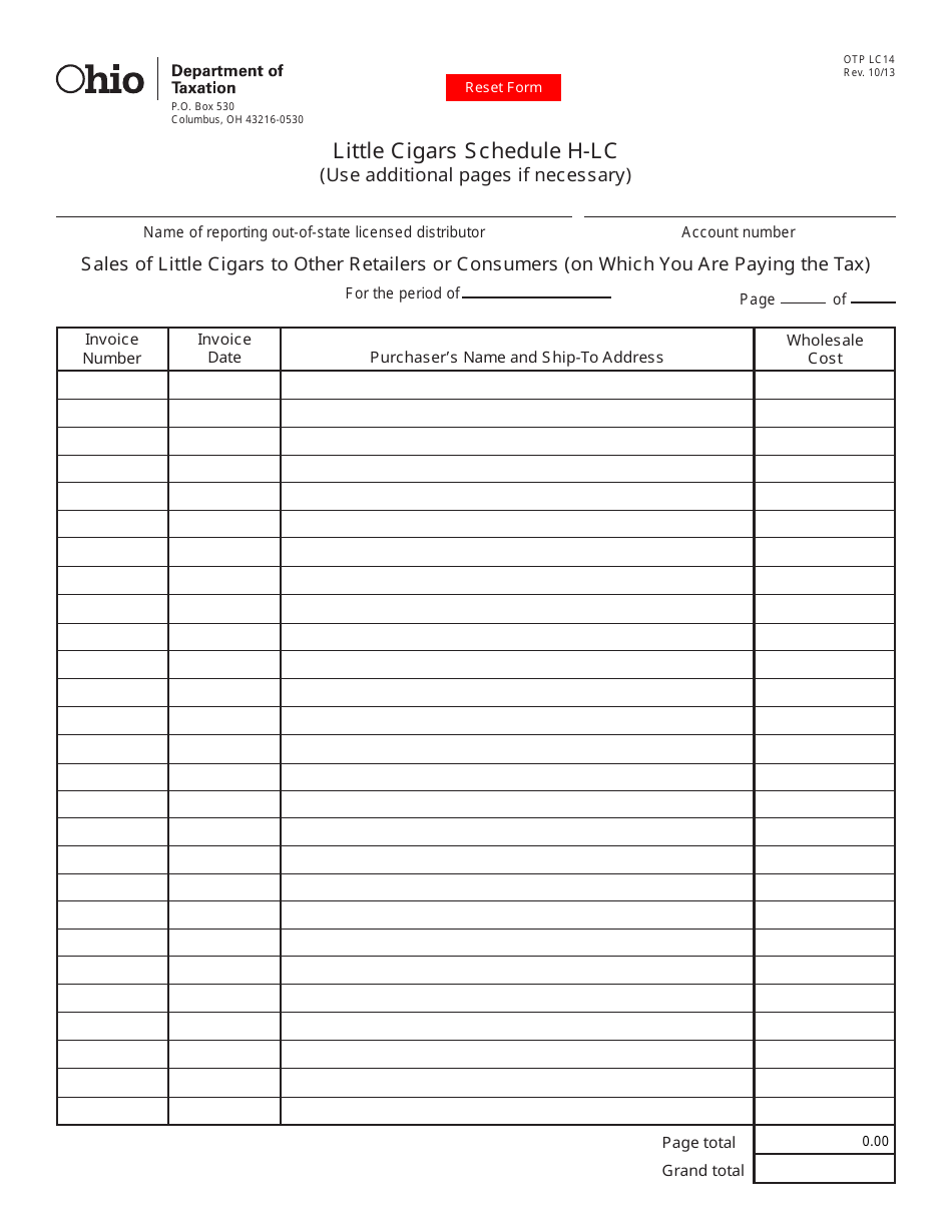 Form OTP LC14 Little Cigars Schedule H-Lc - Sales of Little Cigars to Other Retailers or Consumers (On Which You Are Paying the Tax) - Ohio, Page 1