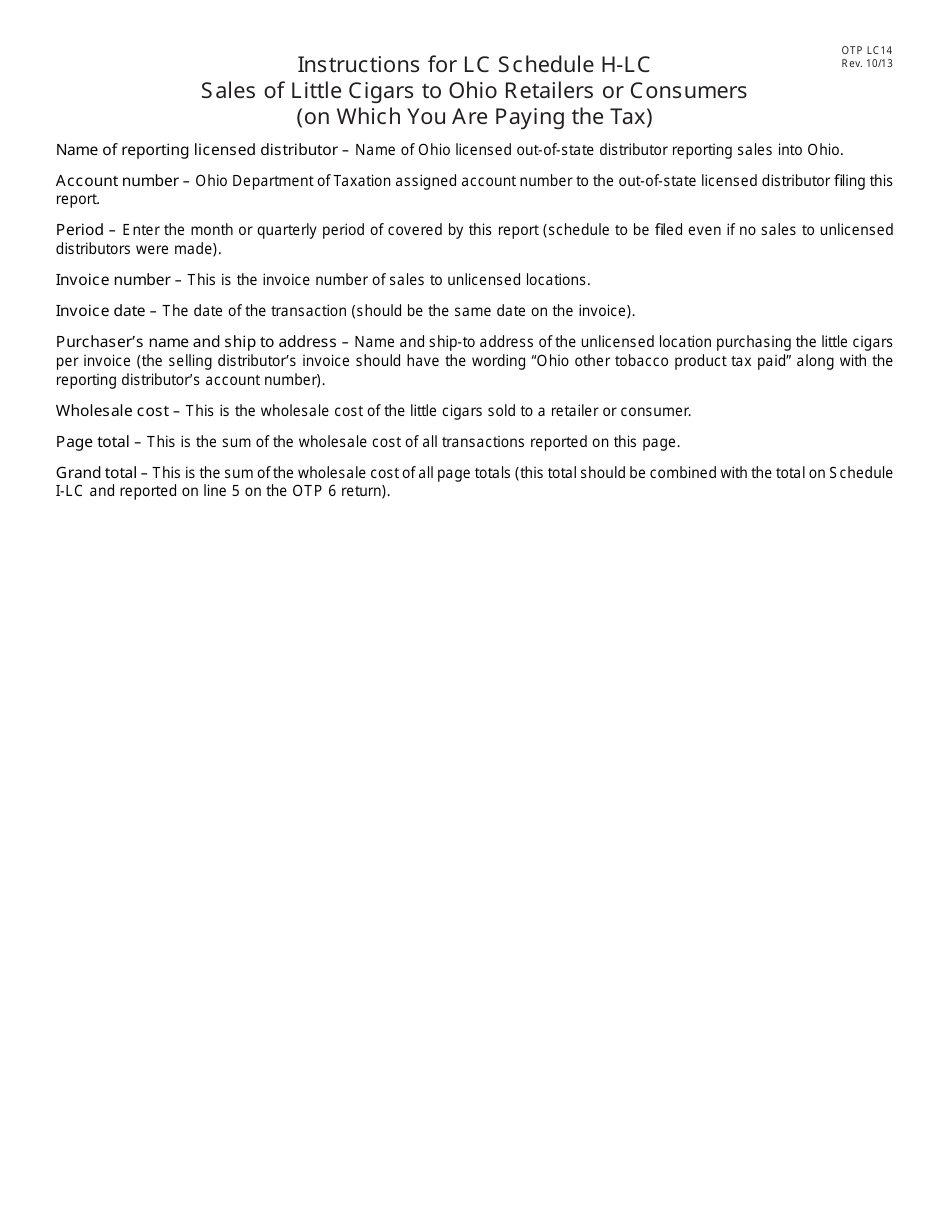 Form OTP LC14 Little Cigars Schedule H-Lc - Sales of Little Cigars to Other Retailers or Consumers (On Which You Are Paying the Tax) - Ohio, Page 2