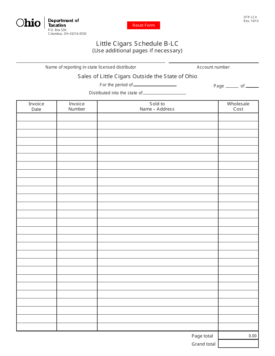 Form OTP LC4 Little Cigars Schedule B-Lc - Sales of Little Cigars Outside the State of Ohio - Ohio, Page 1